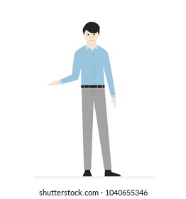 Cartoon male character. Smiling man in t-shirt, pants and shoes. For template, banner and advertising. Simple design. Flat style vector illustration.