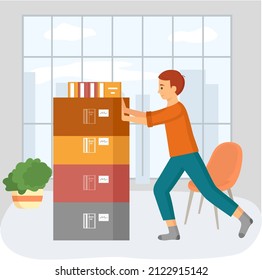 Cartoon male character standing in library and moves cabinet with drawers and books, bookstore employee tidies up store. Guy makes rearrangement of house in his room, pushes furniture in office