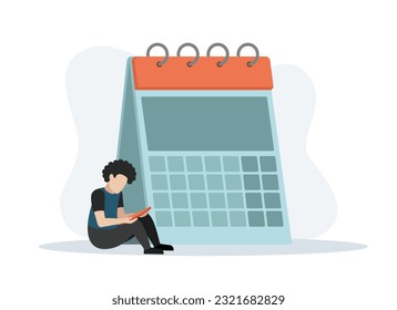 Caricatura de caricatura masculina escribiendo notas sobre calendario y planificador diario en tableta digital. Concepto de gestión del tiempo. Ilustración de estilo plano vectorial sobre fondo blanco