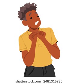 Cartoon Male Character In A Yellow Shirt Shocked And Scared. African American Man Is Scared. Vector Illustration Captures Feelings Of Fear, Surprise, And Anxiety. Concept Of Human Emotions, Reactions