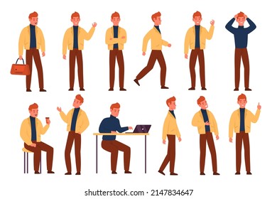 Cartoon male character. Young man in urban casual clothes, different poses, emotions and actions, work and leisure, funny person, businessman sitting and standing, vector set