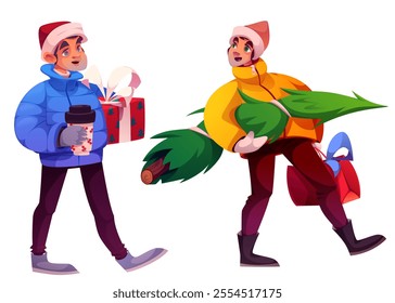 Cartoon male characters in seasonal winter clothes walk and carry holiday purchases - person holding gift box and coffee cup, man carrying Christmas tree with shopping bag. People with festive mood