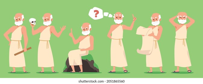 Cartoon male characters in togas and with beards in different poses in a flat vector illustration isolated on green background. Philosophy, metaphysics, reflections, wisdom, idea