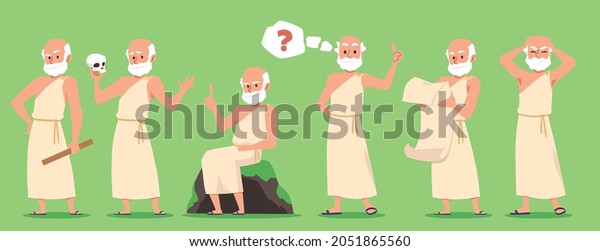 Cartoon male
characters in togas and with beards in different poses in a flat
vector illustration isolated on green background. Philosophy,
metaphysics, reflections, wisdom,
idea