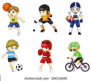 Cartoon male children athlete sportsman icon in action various type of sports such as soccer, American football, boxing, hockey, basketball and cycling, create by vector 