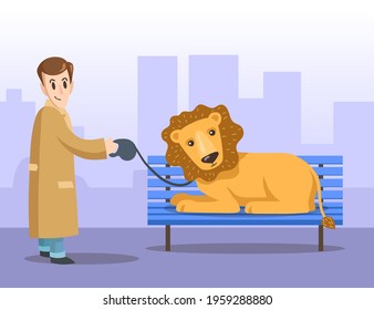 Cartoon male city dweller in coat walking his pet lion. Flat vector illustration. Man character holding predator lying on street bench on leash. Predator, animal, pet, wilderness conservation concept