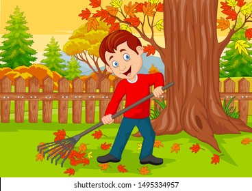 Cartoon Male cleaner sweeping autumn leaves with rake