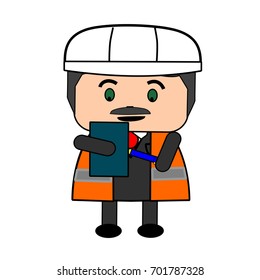 Cartoon male construction worker supervisor with high visibility vest, hard hat and clipboard.