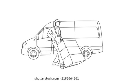 Cartoon of male delivery man wear uniform pushing a hand truck loaded with boxes in front of van isolated on white background. Outline drawing style art
