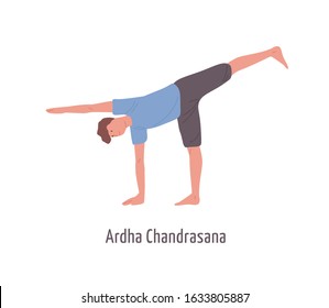 Cartoon male demonstrating ardha chandrasana pose isolated on white. Yogi man standing in Half Moon position vector flat illustration. Active character practicing yoga exercise gymnastics training