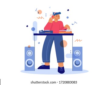 Cartoon male dj make music at turntable mixer vector flat illustration. Colorful guy in headphones spinning disc at party isolated on white. Discotheque entertainment, musical nightclub