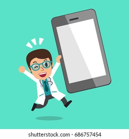 Cartoon a male doctor and big smartphone