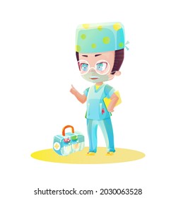 Cartoon male doctor character with vaccine box. Drawing in the style of manga and anime. Childish cartoon style in bright colors