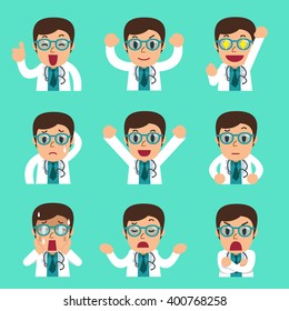 Cartoon male doctor faces showing different emotions