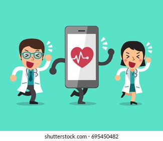 Cartoon male doctor and female doctor with big smartphone