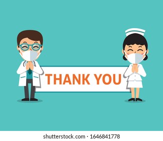 Cartoon Male Doctor And Female Nurse Wearing Protective Masks With Thank You Sign For Design.