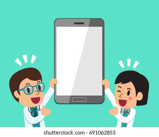 Cartoon male doctor and female doctor with smartphone