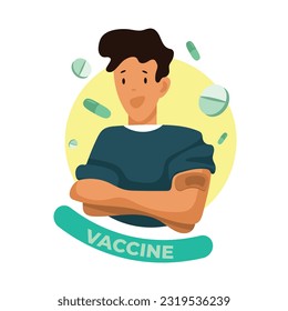 Cartoon male doctor getting vaccine against disease. Boosting immune system health. Black doctor giving injection of vaccine in arm. Vector flat style illustration