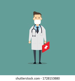 A cartoon of a male doctor holding a first aid kit