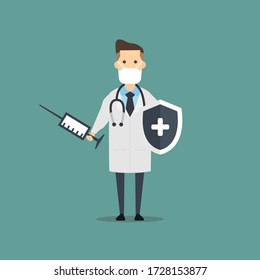 A cartoon of a male doctor holding a shield and syringe