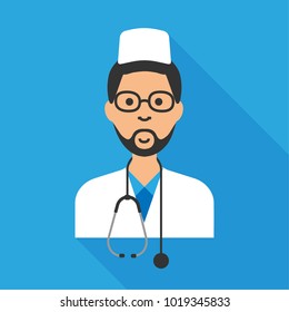 Cartoon male doctor and an online consultation. Doctor online concept. Avatar icon. Vector flat illustration. Isolated