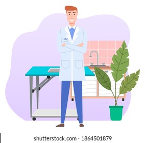 Cartoon male doctor wearing white coat in medical office standing arms crossed. Health protection concept. Therapist smiling man veterinarian medic in medical clothes in the hospital or vet clinic