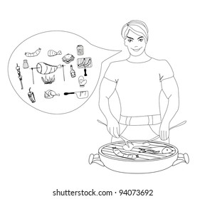 Cartoon Male dressed in grilling attire cooking meat.Barbecue icon vector set