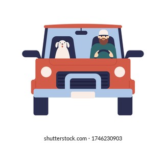 Cartoon male driver with dog on car vector flat illustration. Colorful man and cute domestic animal ride on red automobile isolated on white background. Front view of moving vehicle with passengers