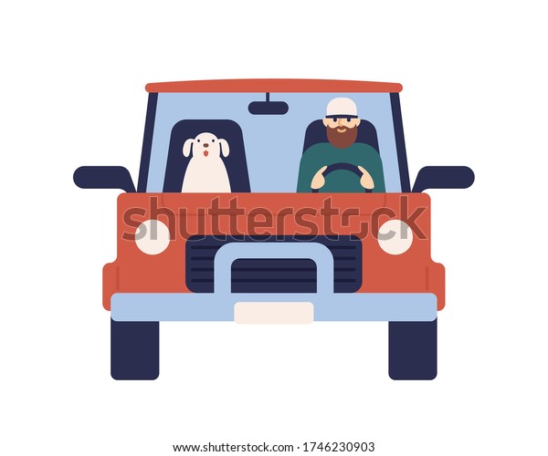 Cartoon male driver with dog on car vector\
flat illustration. Colorful man and cute domestic animal ride on\
red automobile isolated on white background. Front view of moving\
vehicle with\
passengers