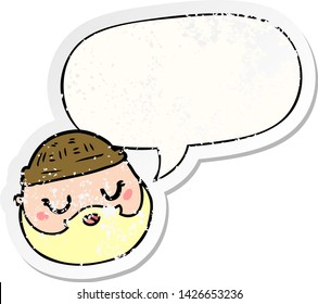 cartoon male face with beard with speech bubble distressed distressed old sticker