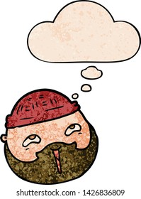 cartoon male face with beard with thought bubble in grunge texture style