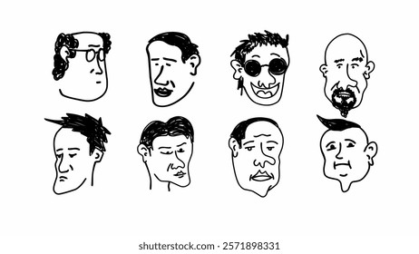 Cartoon male face characters, hand drawn fun caricature vector designs isolated