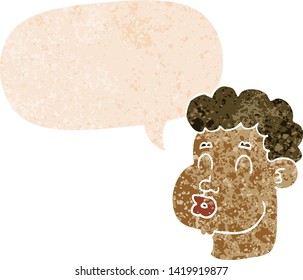 desenho animado rosto masculino com balão de fala no grunge angustiado estilo texturizado retro