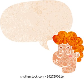cartoon male face with speech bubble in grunge distressed retro textured style