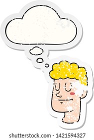 cartoon male face with thought bubble as a distressed worn sticker