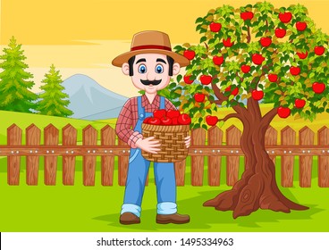 Cartoon male farmer holding apple basket at the farm