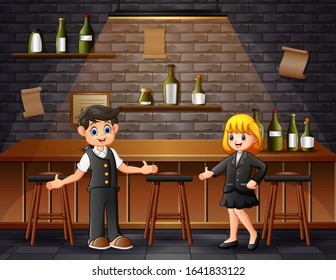 Cartoon a male and female bartenders on the bar