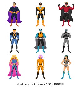 Cartoon male and female characters dressed in superhero costume with cape mantle and mask colored set isolated vector illustration