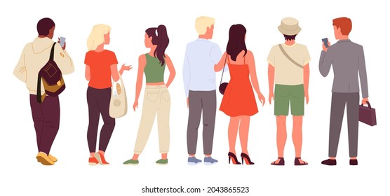 Cartoon male female characters standing, wearing casual clothes, girl student in jeans, young businessman collection isolated on white. Man woman set, crowd of people backside view vector illustration