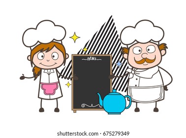 Cartoon Male and Female Chef with Ad Banner Board Vector Illustration