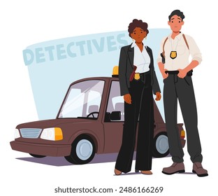 Cartoon Male And Female Detective Standing Confidently By A Police Car. Characters Wear Badges And Professional Attire. Vector Illustration Conveys A Sense Of Authority, Teamwork, And Law Enforcement