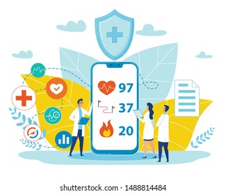 Cartoon Male and Female Doctors Characters Check and Discuss Mobile Medical Application Results. Huge Smartphone with Human Health Indicators on Screen. Smart Medicine. Vector Flat Illustration