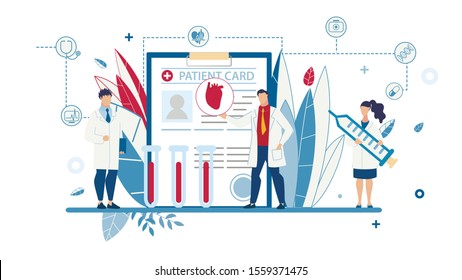 Cartoon Male and Female Doctors in Uniform Standing with Medical Equipment over Huge Patient Card. Treatment, Early Disease Detection and Preventive Vaccination. Telemedicine. Vector Illustration