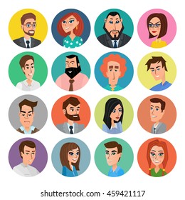 Cartoon male and female faces collection. Vector collection icon set of colorful people modern flat design. Avatars characters of men and women