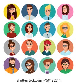 Cartoon male and female faces collection. Vector collection icon set of colorful people modern flat design. Avatars characters of men and women