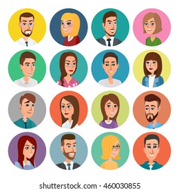 Cartoon male and female faces collection. Vector collection icon set of colorful people modern flat design. Avatars characters of men and women