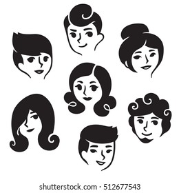 Cartoon male and female faces with different hairstyles, illustration set. Simple and cute portrait drawings.