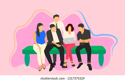 cartoon male female group teamwork looking at labtop talk about something.vector illustration eps10