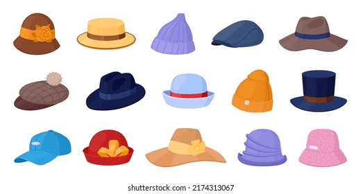 Sombreros machos y hembras de dibujos animados, paños de cabeza vintage, sombreros, panama y gorras. Accesorios de ropa de cabeza de moda, modernos y clásicos tenían elementos de vestir vectores Ilustraciones conjunto. Colección de direcciones