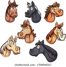 Cartoon male and female horse heads with different expressions. Vector clip art illustration with simple gradients. Each on a separate layer.
